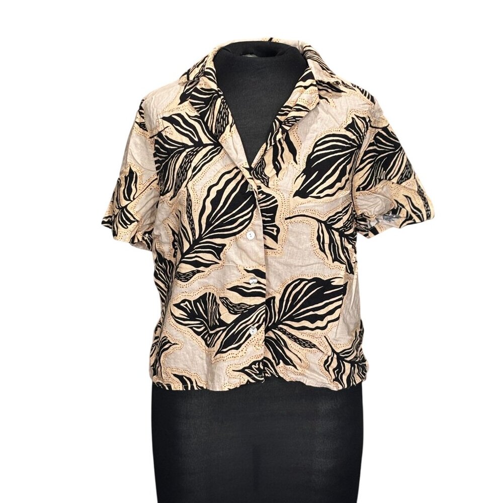Panama Jack Womens Short Sleeve Button-Down Shirt M Leaf Print Linen/Rayon Blend